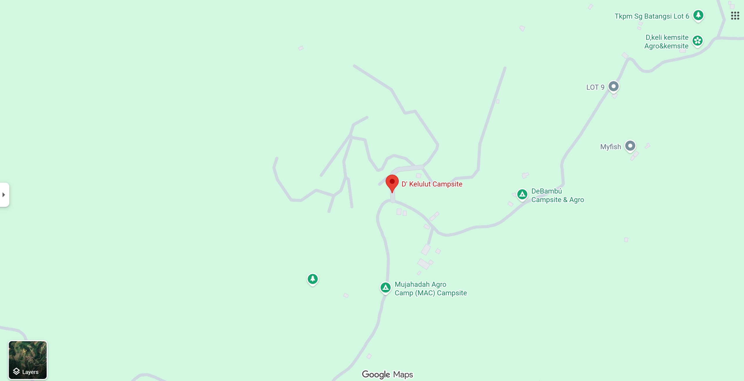 Google Maps screenshot showing D'Kelulut Campsite location